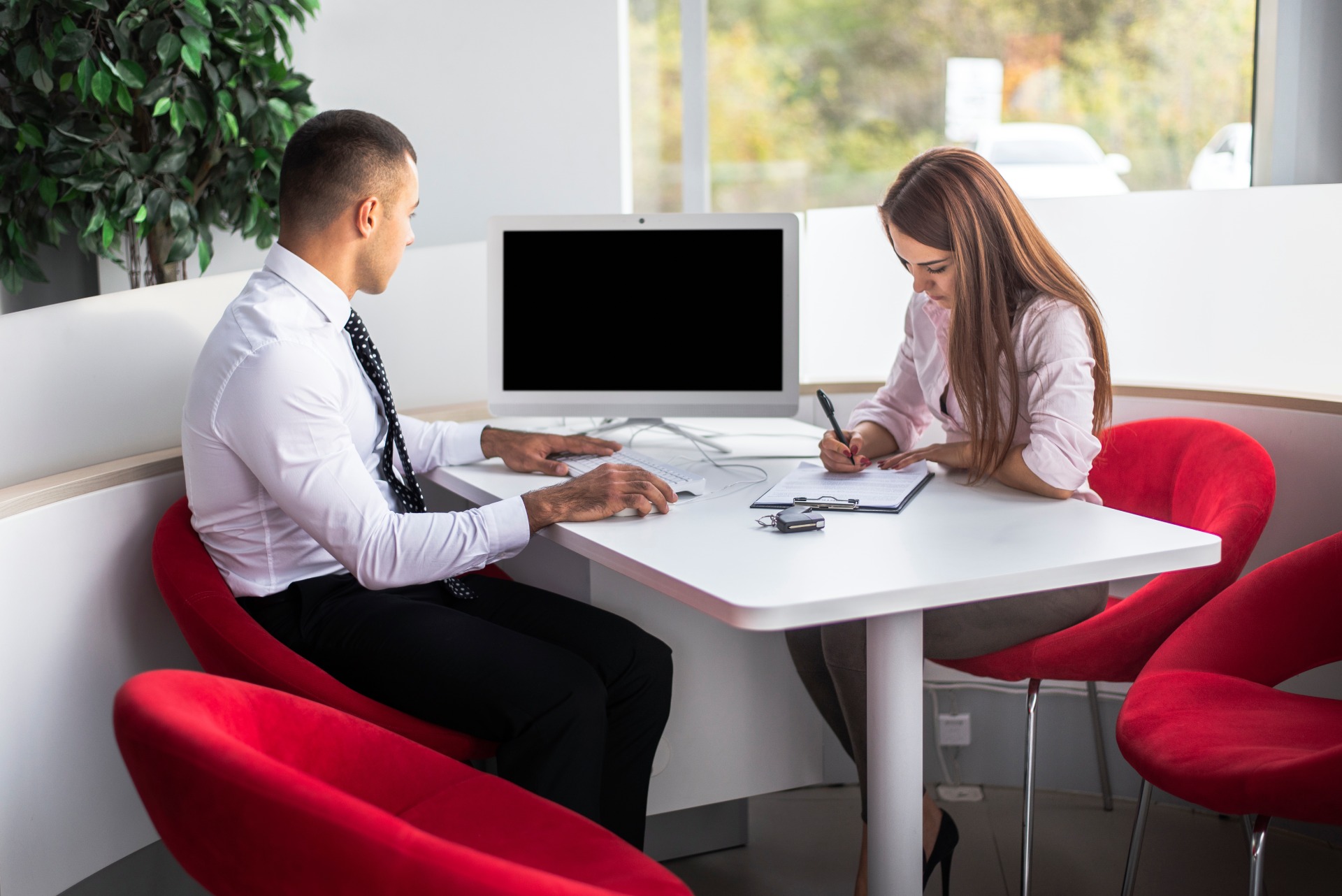 Business meeting in office space